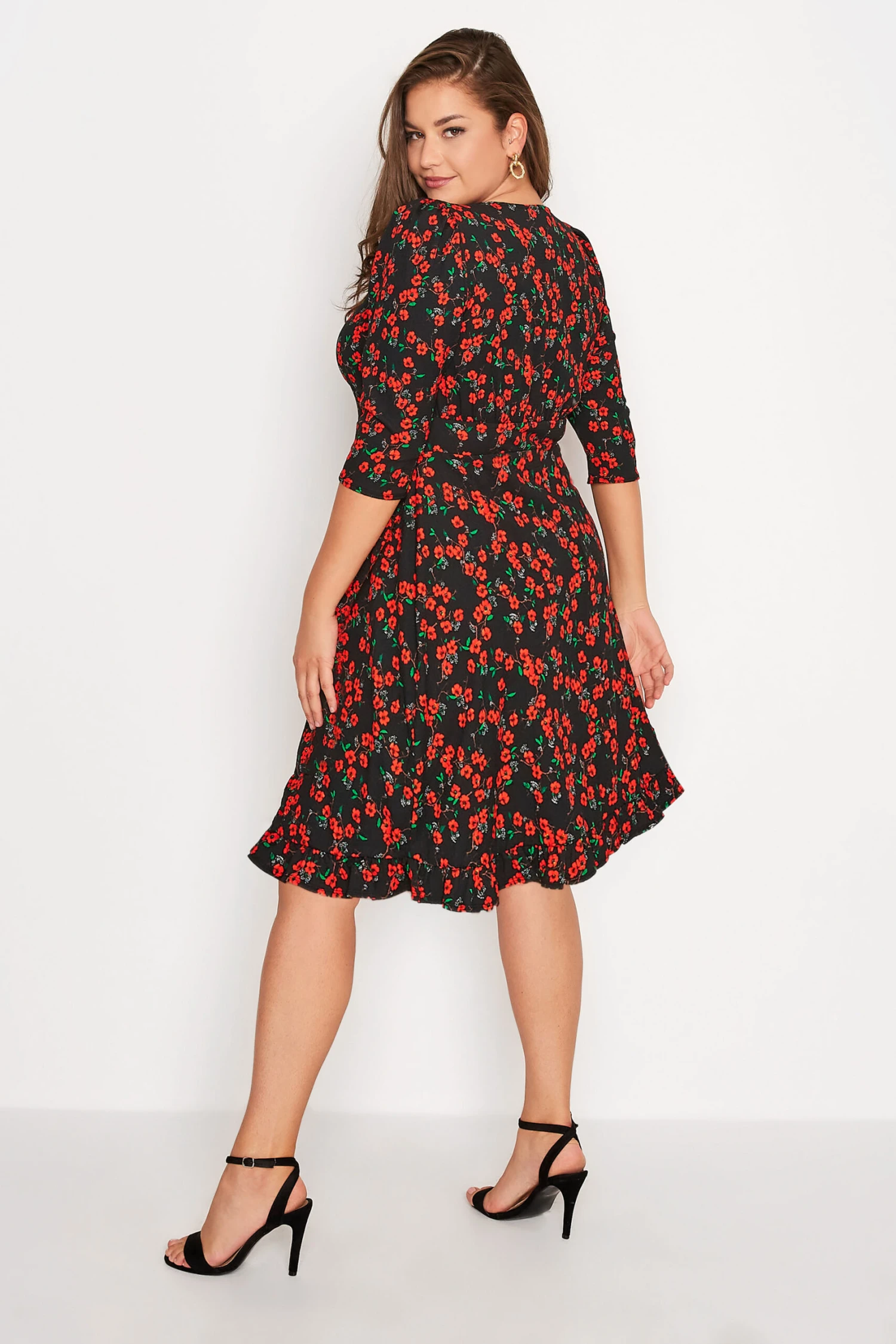 YOURS LONDON Curve Black & Red Ditsy Print Frill Trim Dress 2 YOURS LONDON Curve Black & Red Ditsy Print Frill Trim Dress - Image 2