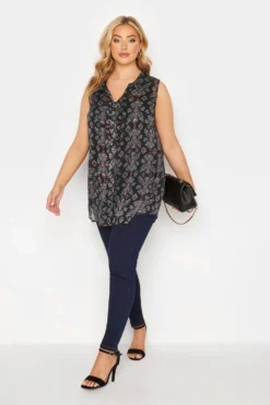 YOURS Curve Black Floral Print Sleeveless Frill Blouse
