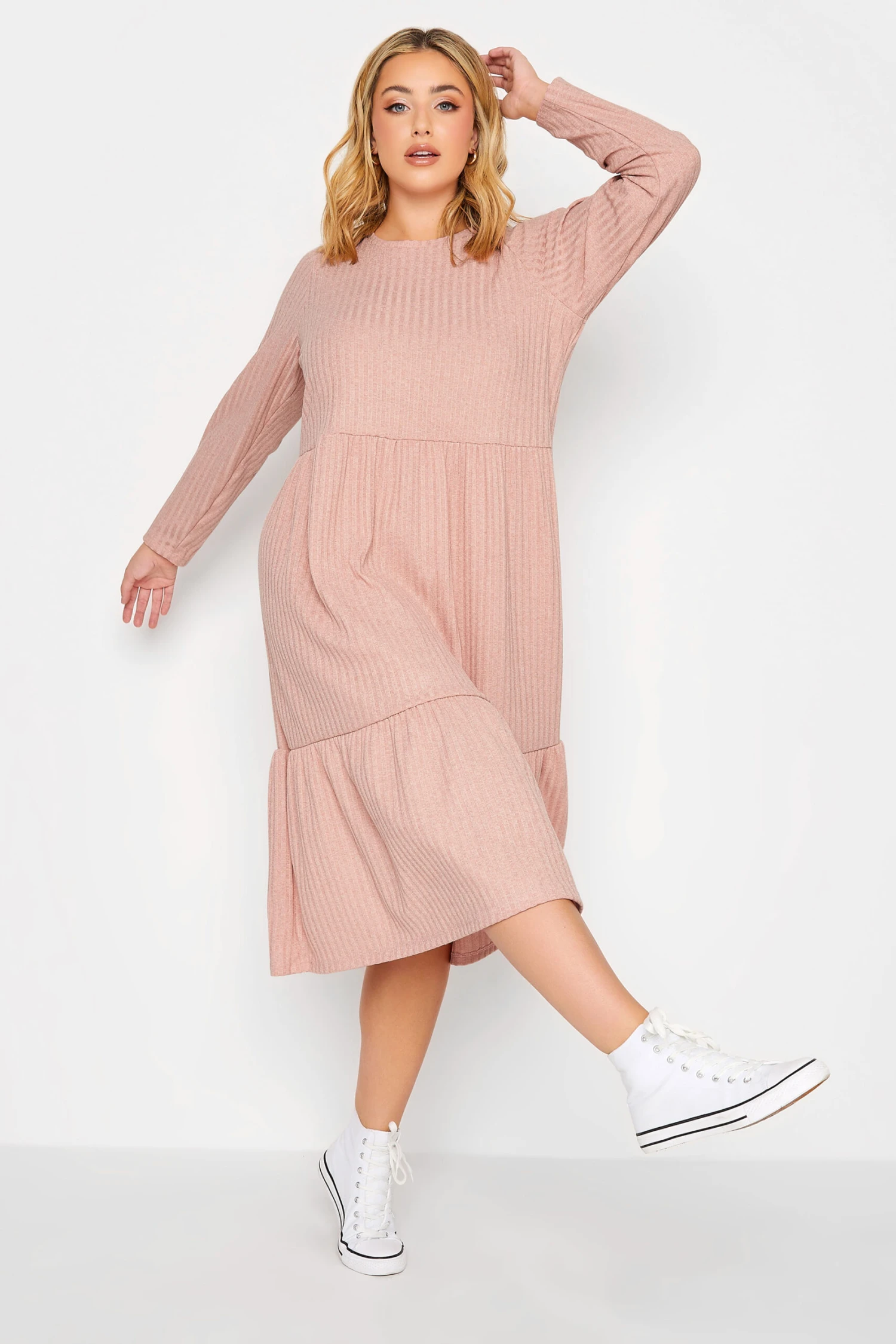 YOURS Curve Pink Ribbed Tiered Midi Dress 1 YOURS Curve Pink Ribbed Tiered Midi Dress