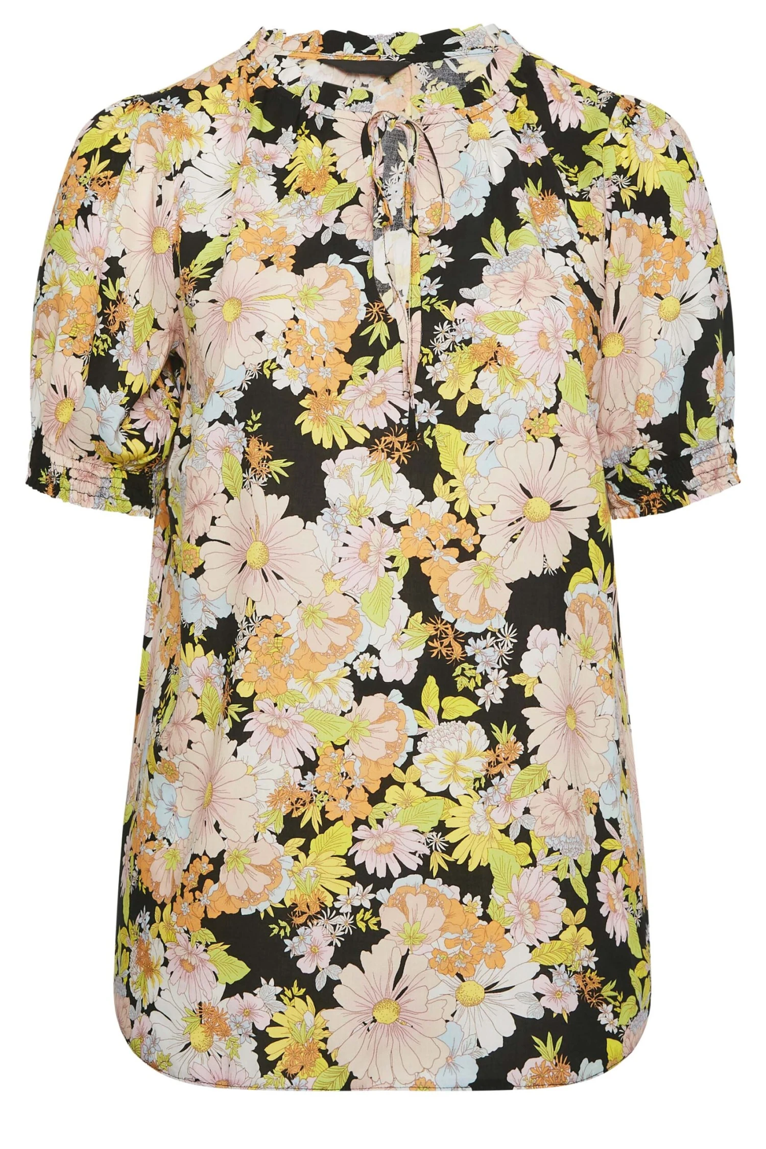 YOURS Curve Black & Yellow Floral Print Tie Neck Blouse 5 YOURS Curve Black & Yellow Floral Print Tie Neck Blouse - Image 5