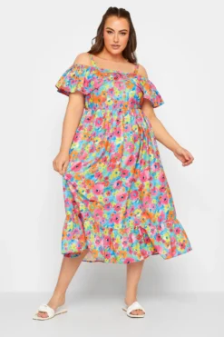 LIMITED COLLECTION Curve Pink Floral Frill Cold Shoulder Midi Dress