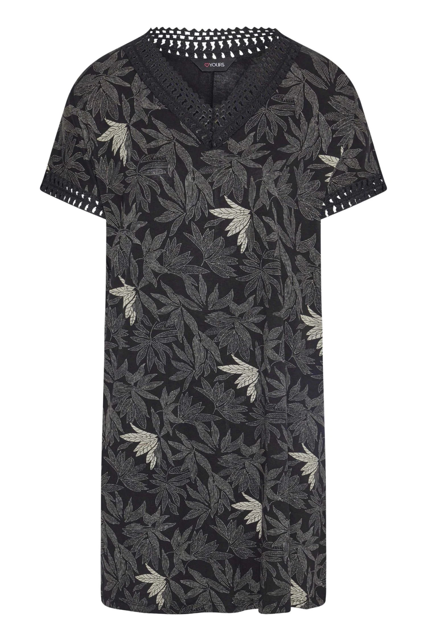 YOURS Curve Black Leaf Print Contrast Trim Tunic Dress 5 YOURS Curve Black Leaf Print Contrast Trim Tunic Dress - Image 5