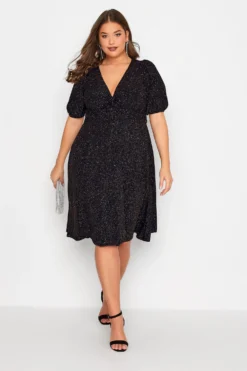 YOURS LONDON Curve Black & Pink Glitter Party Knot Front Dress