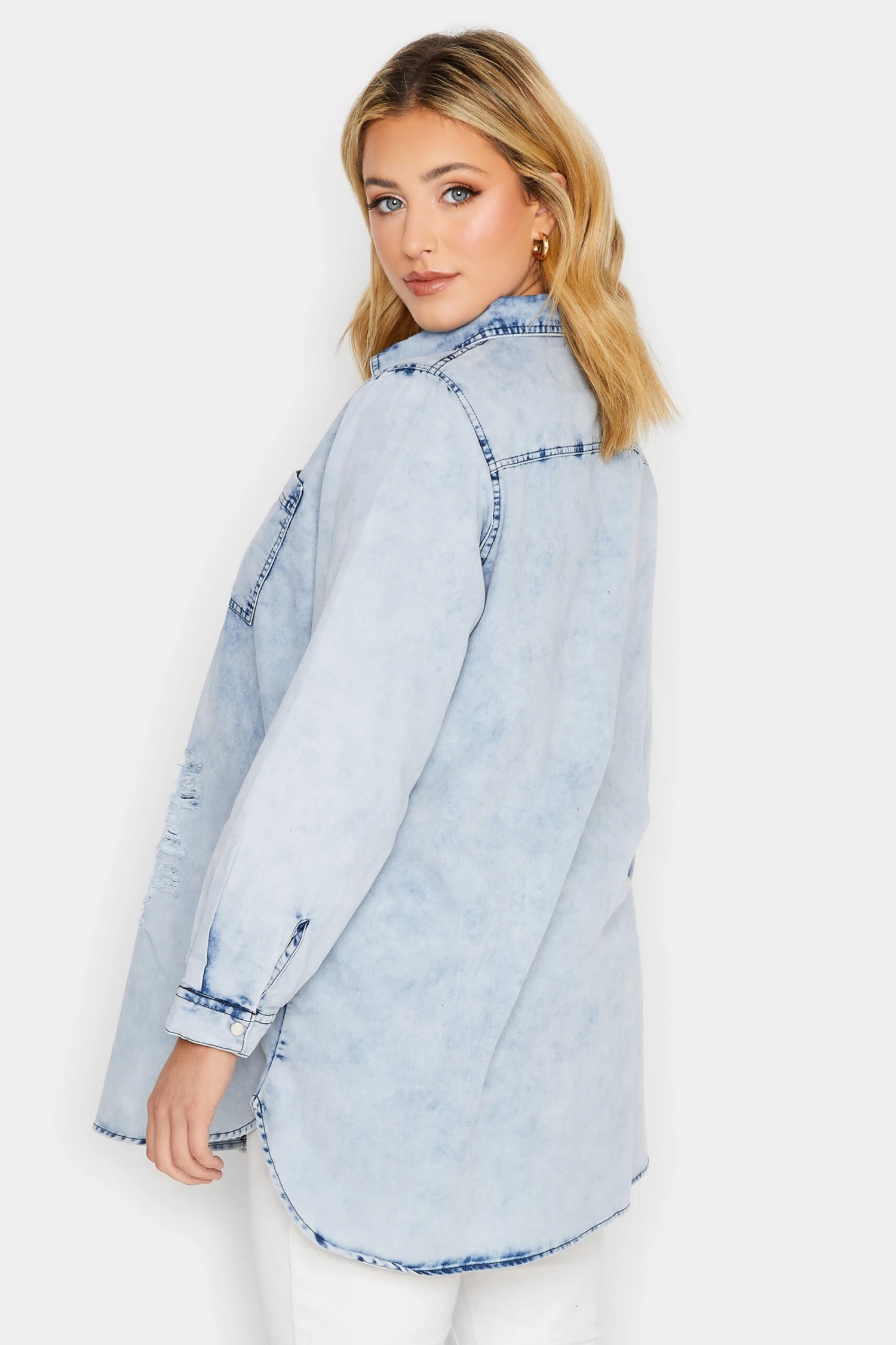 YOURS Curve Bleach Blue Distressed Denim Shirt 2 YOURS Curve Bleach Blue Distressed Denim Shirt - Image 2
