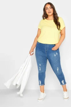 YOURS Curve Blue Cropped Stretch Ripped GRACE Jeggings