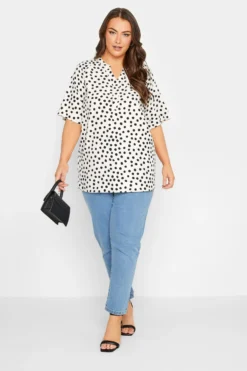YOURS Curve White Polka Dot Print V-Neck Blouse