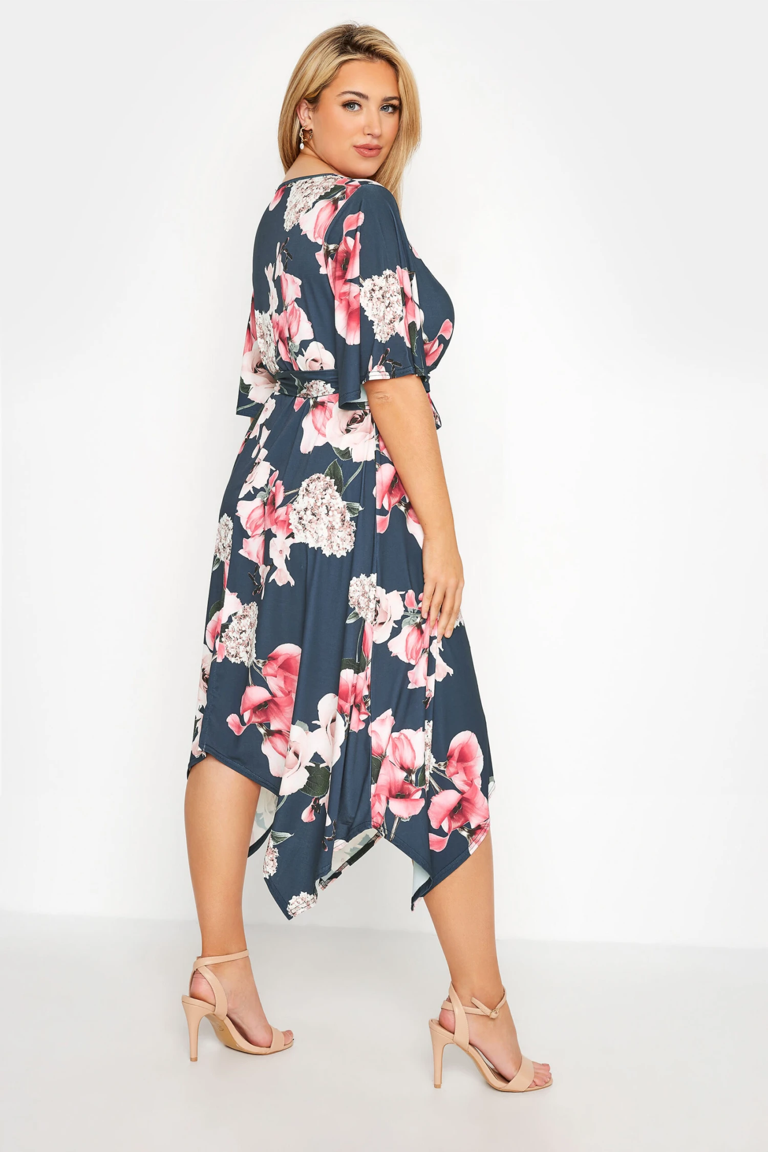 YOURS LONDON Curve Navy Blue Floral Hanky Hem Dress 2 YOURS LONDON Curve Navy Blue Floral Hanky Hem Dress - Image 2