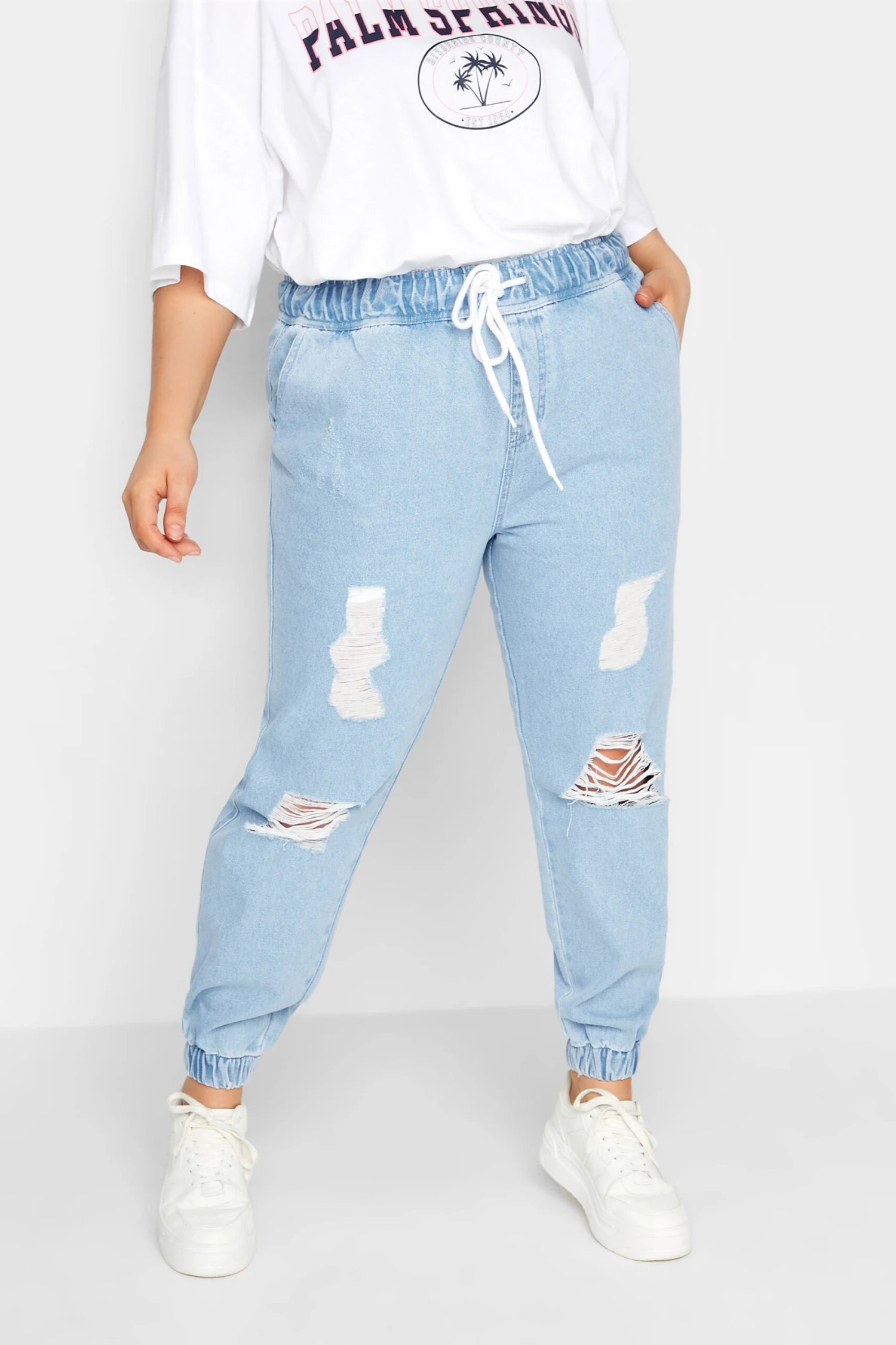 YOURS Curve Bleach Blue Ripped Jogger Jeans 6 YOURS Curve Bleach Blue Ripped Jogger Jeans - Image 6