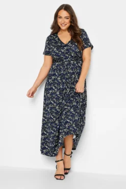 YOURS Curve Navy Blue Ditsy Print Wrap Front Tie Maxi Dress