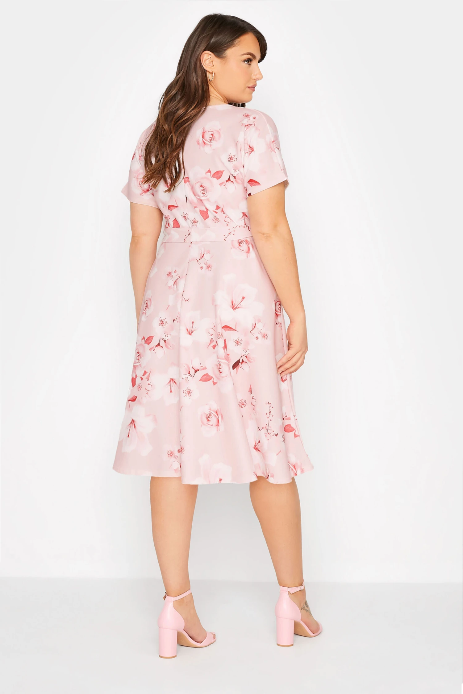 YOURS LONDON Curve Blush Pink Floral Wrap Skater Dress 3 YOURS LONDON Curve Blush Pink Floral Wrap Skater Dress - Image 3