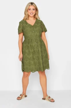 YOURS PETITE Curve Khaki Green Broderie Anglaise Smock Dress