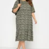 YOURS Curve Khaki Green Floral Print Tiered Midi Dress
