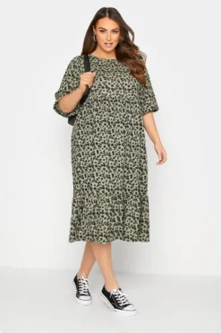 YOURS Curve Khaki Green Floral Print Tiered Midi Dress