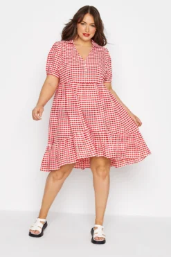LIMITED COLLECTION Curve Red Gingham Dipped Hem Smock Dress