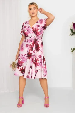 YOURS LONDON Curve Pink & Red Floral Skater Wrap Dress