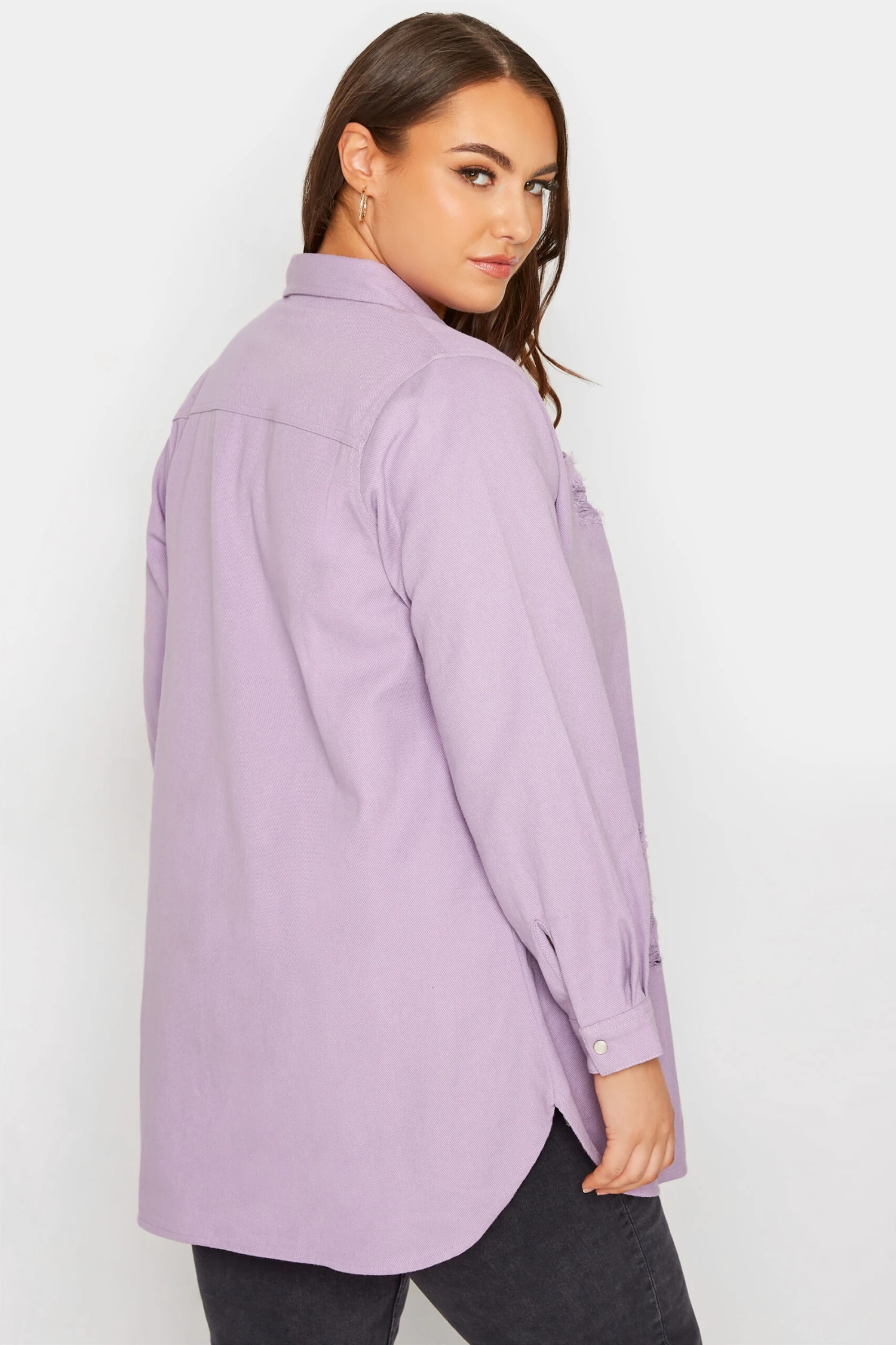 YOURS Curve Lilac Purple Distressed Denim Shirt 2 YOURS Curve Lilac Purple Distressed Denim Shirt - Image 2