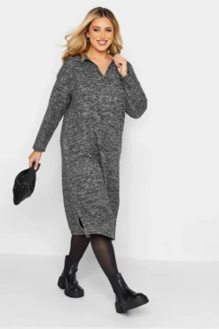 YOURS Curve Grey Textured Soft Touch Open Collar Midi Dress -Outlet Stylo Wise Store 4396eb01 db1f 48 301511 B scaled