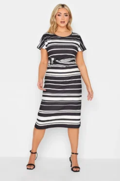 YOURS PETITE Curve Black & White Stripe Knot Midi Dress