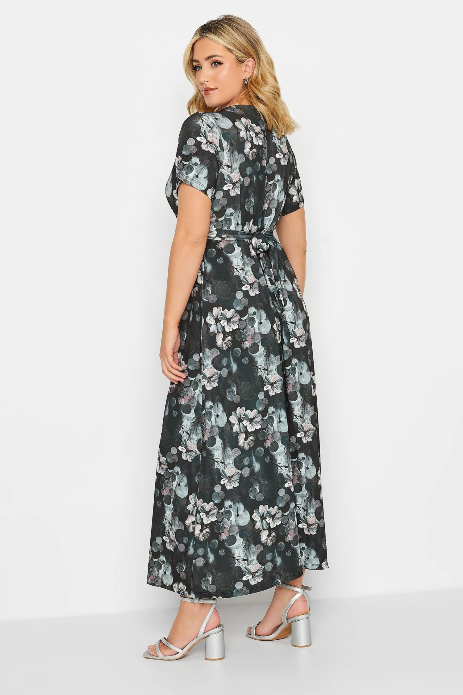 YOURS Curve Black V-Neck Floral Wrap Dress 2 YOURS Curve Black V-Neck Floral Wrap Dress - Image 2