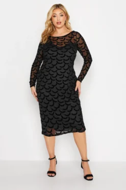 YOURS LONDON Curve Black Flocked Mesh Bodycon Dress