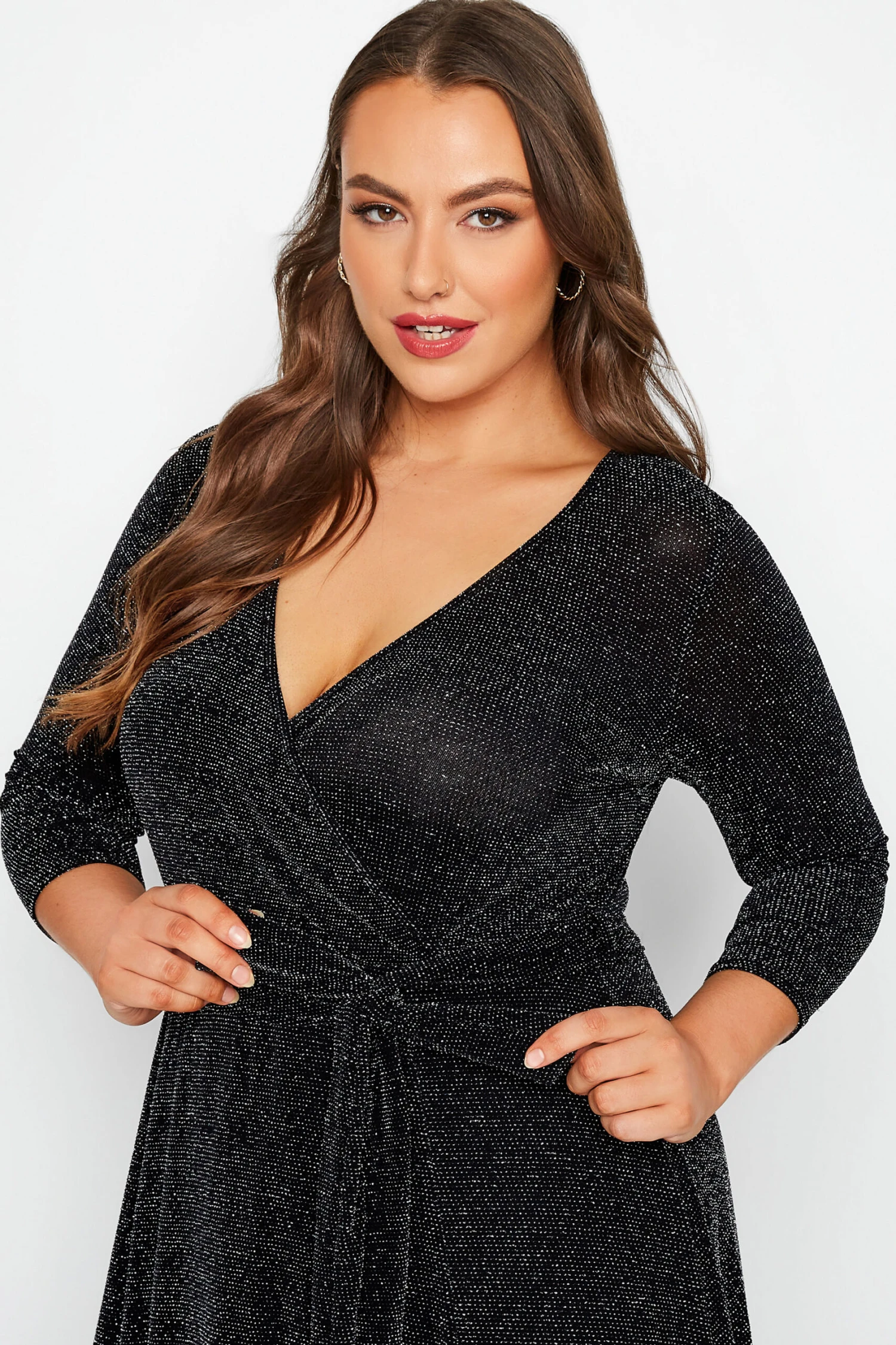 YOURS LONDON Curve Black & Silver Glitter Wrap Dress 3 YOURS LONDON Curve Black & Silver Glitter Wrap Dress - Image 3