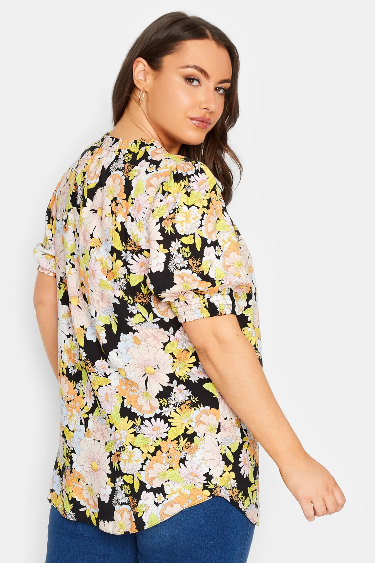 YOURS Curve Black & Yellow Floral Print Tie Neck Blouse 2 YOURS Curve Black & Yellow Floral Print Tie Neck Blouse - Image 2