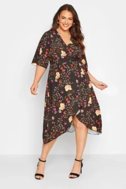 YOURS LONDON Curve Black Floral Print Midi Wrap Dress