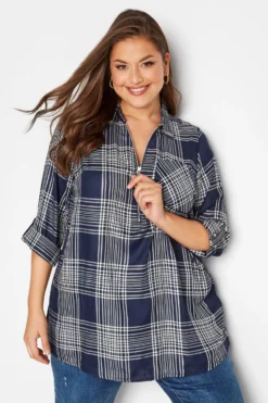 YOURS Curve Navy Blue Metallic Zip Check Shirt -Outlet Stylo Wise Store 477a559d e989 46 131467 D scaled