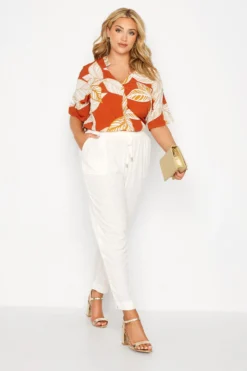 YOURS Curve Orange Leaf Print V-Neck Shirt