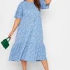YOURS Curve Blue Ditsy Print Tiered Dress