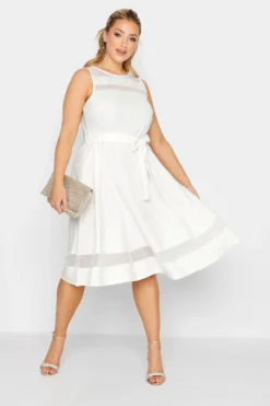 YOURS LONDON Curve White Mesh Panel Bridal Skater Dress