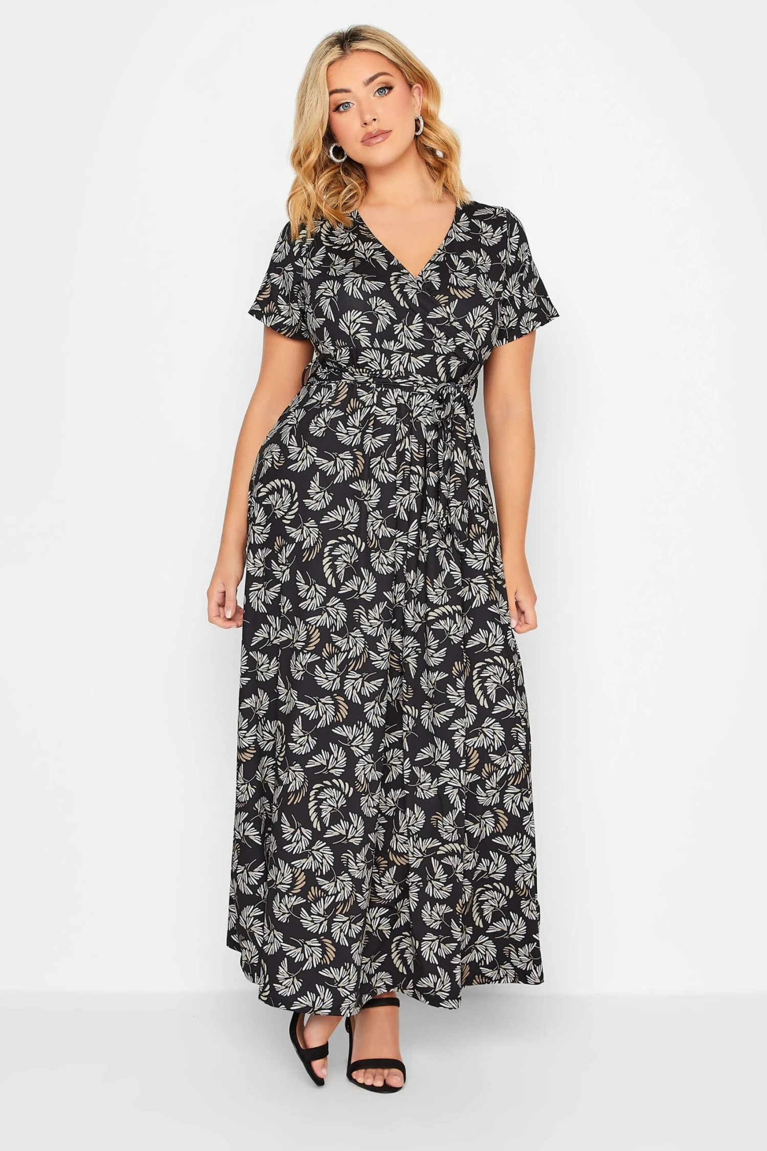 YOURS Curve Black Leaf Print Maxi Wrap Dress 1 YOURS Curve Black Leaf Print Maxi Wrap Dress