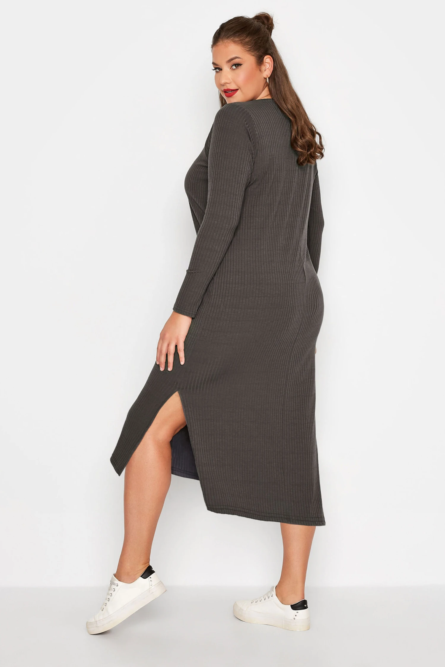 LIMITED COLLECTION Curve Charcoal Grey Ribbed Dress 2 LIMITED COLLECTION Curve Charcoal Grey Ribbed Dress - Image 2