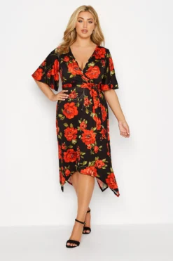 YOURS LONDON Curve Black & Red Floral Hanky Hem Dress