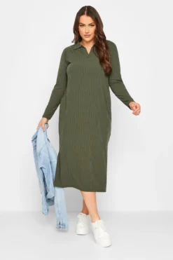 YOURS Curve Khaki Green Spilt Side Midi Dress