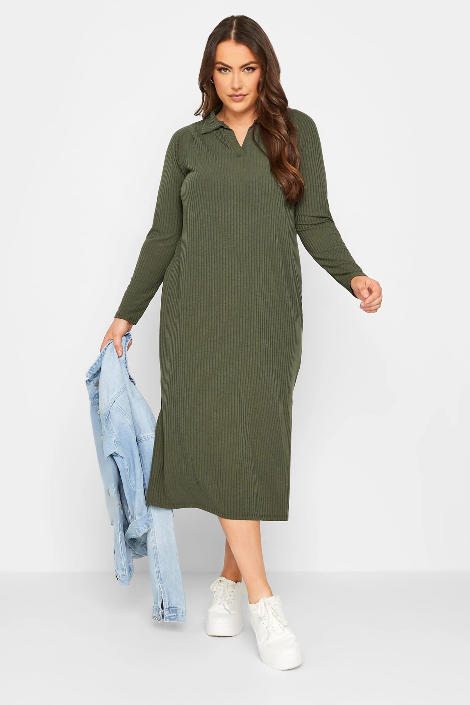 YOURS Curve Khaki Green Spilt Side Midi Dress 1 YOURS Curve Khaki Green Spilt Side Midi Dress