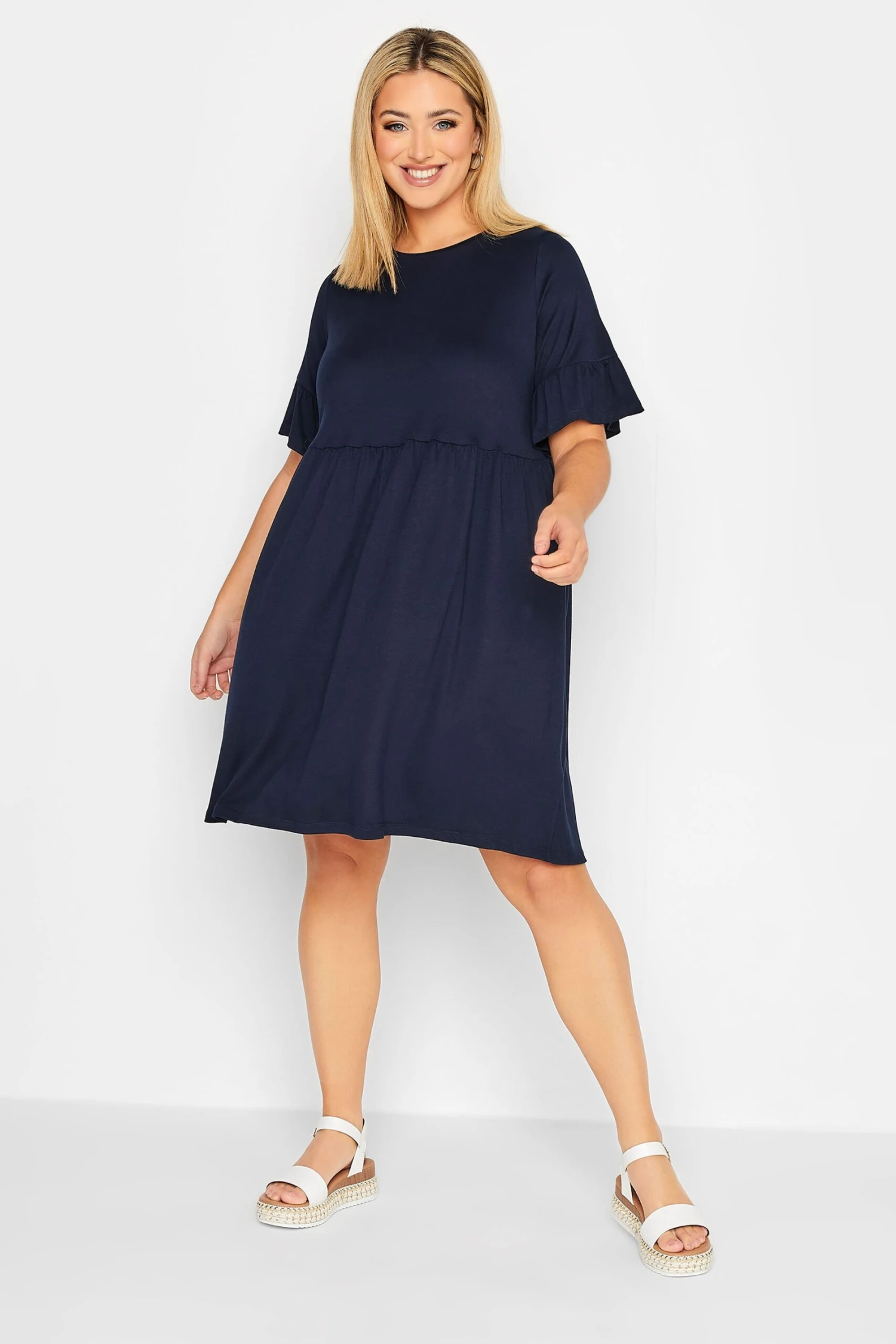 YOURS Curve Navy Blue Frill Sleeve Smock Dress 1 YOURS Curve Navy Blue Frill Sleeve Smock Dress