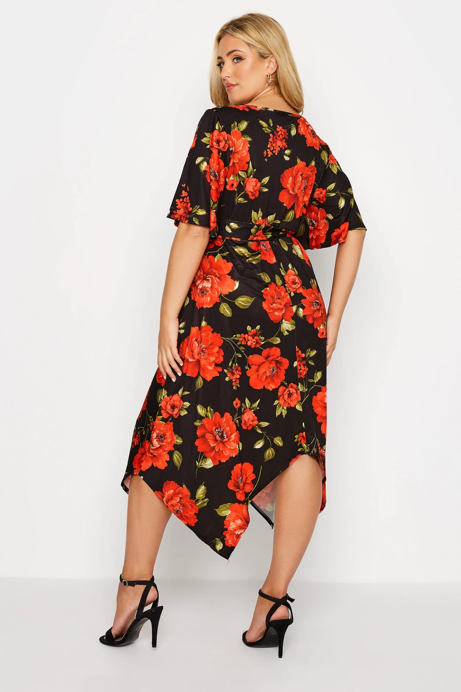 YOURS LONDON Curve Black & Red Floral Hanky Hem Dress 2 YOURS LONDON Curve Black & Red Floral Hanky Hem Dress - Image 2