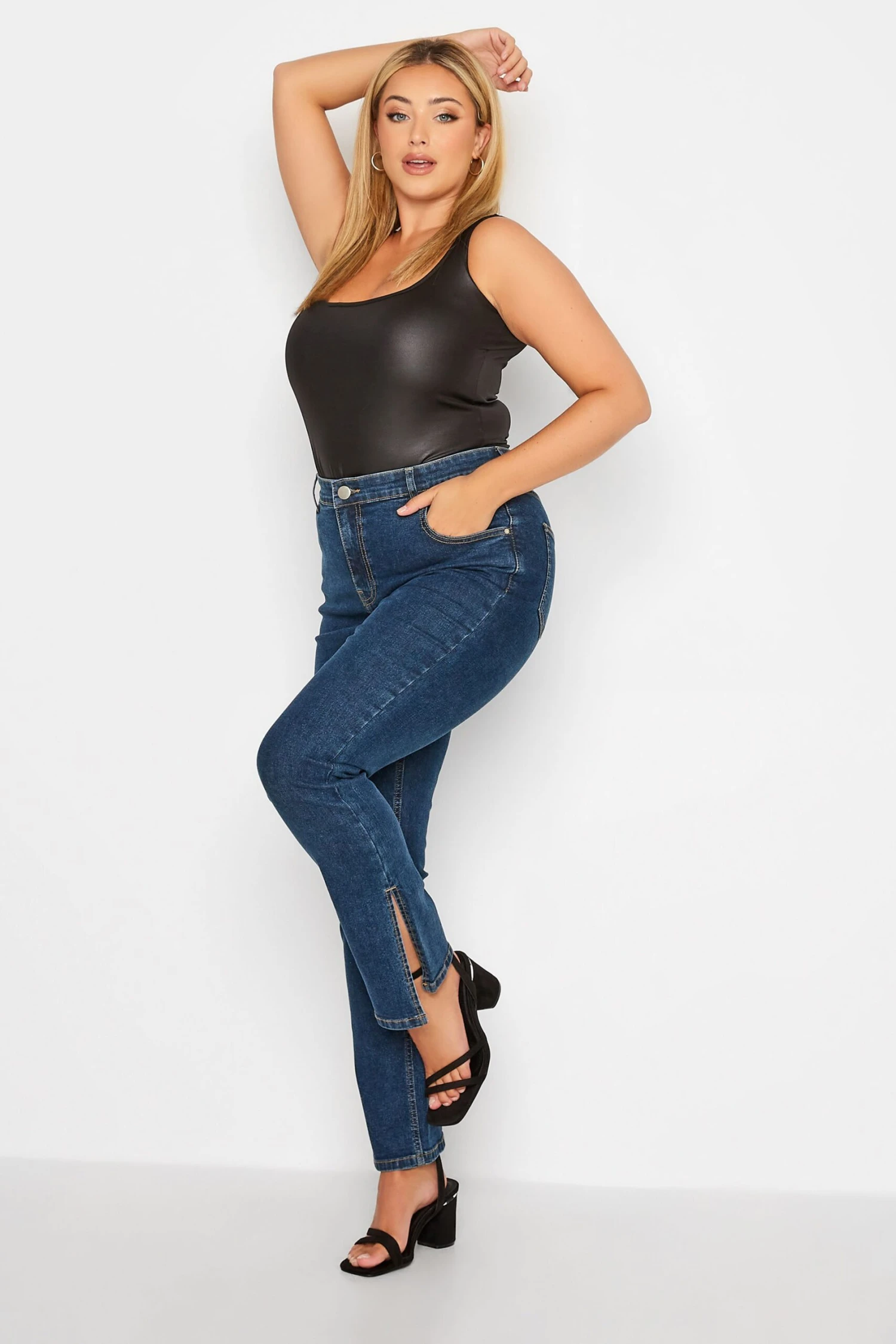 YOURS Curve Blue Side Split Stretch Straight Leg Jeans 3 YOURS Curve Blue Side Split Stretch Straight Leg Jeans - Image 3