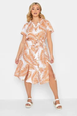 YOURS PETITE Curve White & Orange Leaf Print Belted Midi Dress