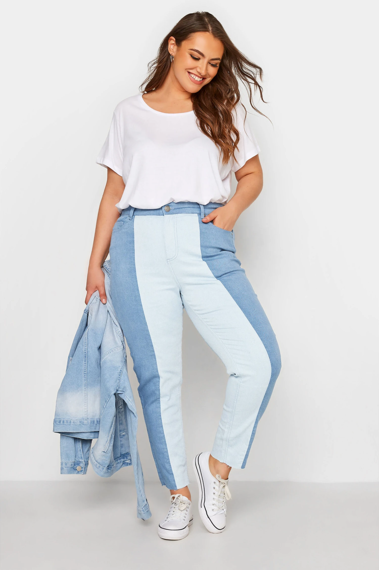 YOURS Curve Blue Two Tone Stretch MOM Jeans 1 YOURS Curve Blue Two Tone Stretch MOM Jeans