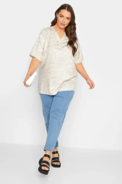 YOURS Curve Cream Animal Print Satin V-Neck Blouse