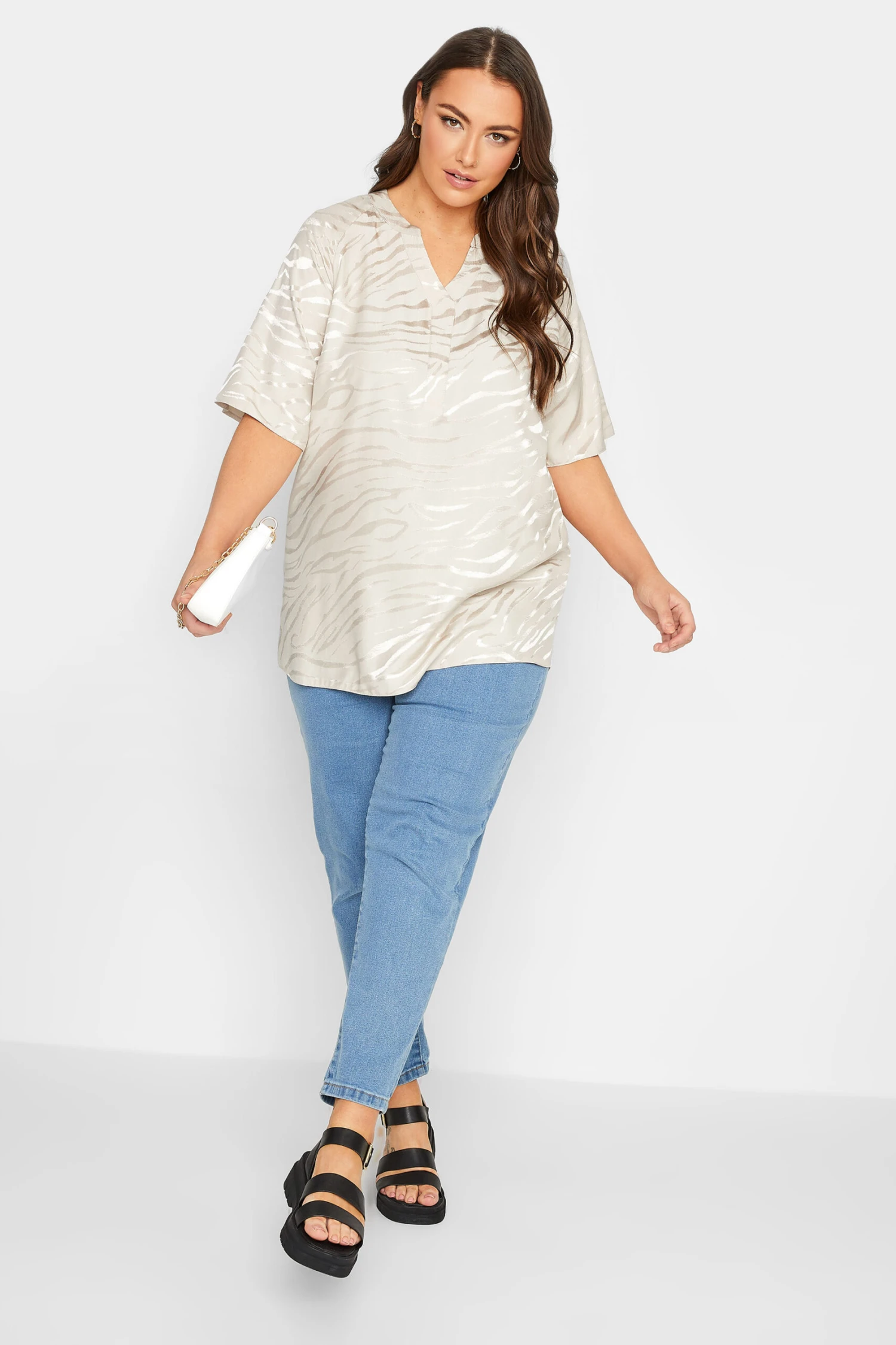 YOURS Curve Cream Animal Print Satin V-Neck Blouse 1 YOURS Curve Cream Animal Print Satin V-Neck Blouse