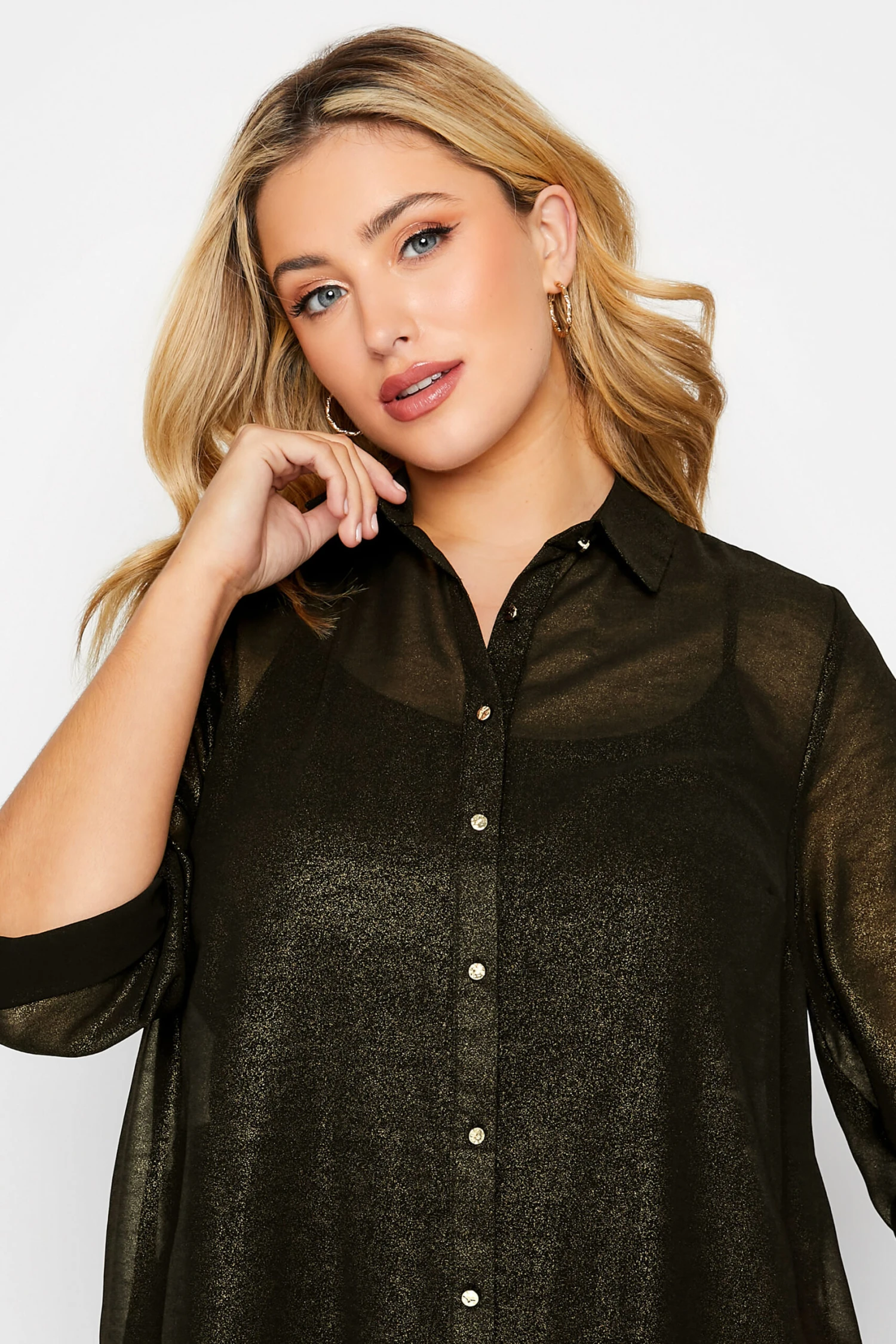 YOURS Curve Black & Gold Shimmer Button Through Shirt 3 YOURS Curve Black & Gold Shimmer Button Through Shirt - Image 3