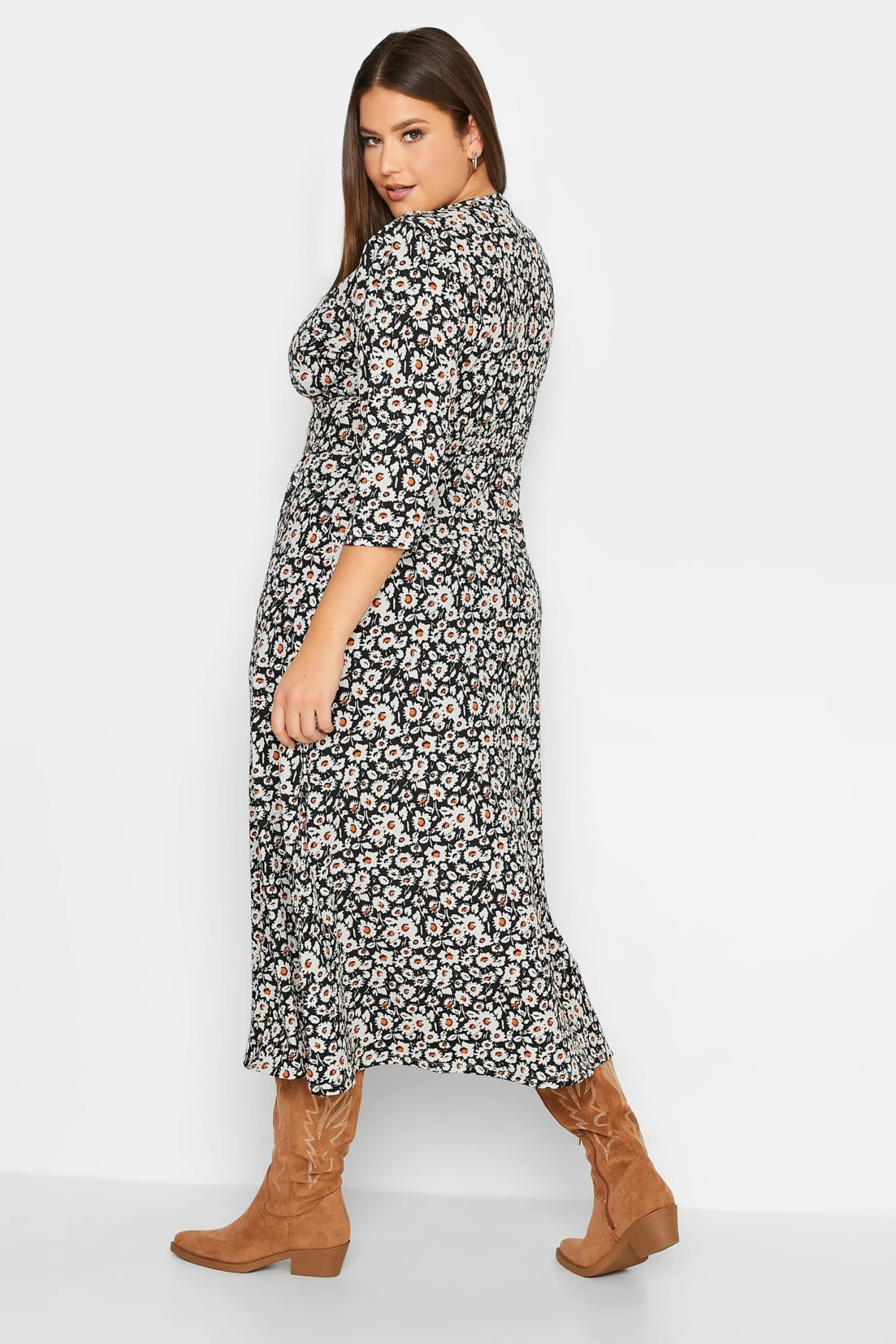 YOURS Curve Black Floral Print Split Front Dress 2 YOURS Curve Black Floral Print Split Front Dress - Image 2