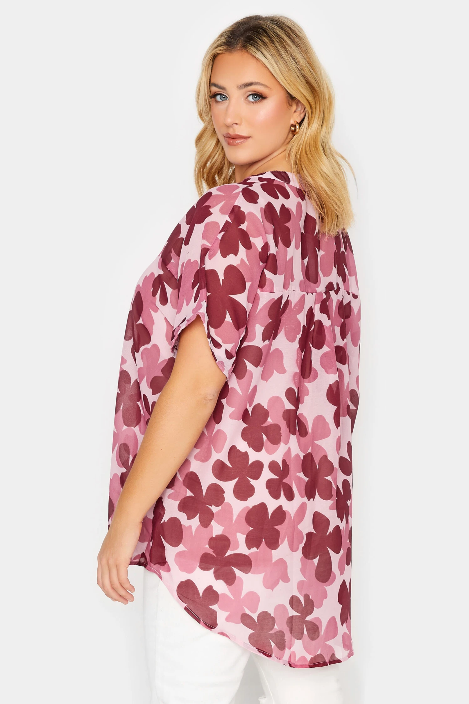 YOURS Curve Pink Floral Print Chiffon Grown On Sleeve Shirt 2 YOURS Curve Pink Floral Print Chiffon Grown On Sleeve Shirt - Image 2