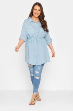 YOURS Curve Light Blue Utility Tunic Linen Blend Shirt