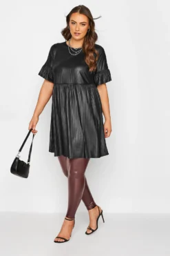 YOURS Curve Black Wet Look Ribbed Smock Tunic Dress