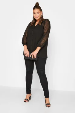 YOURS LONDON Curve Black Balloon Sleeve Dobby Blouse