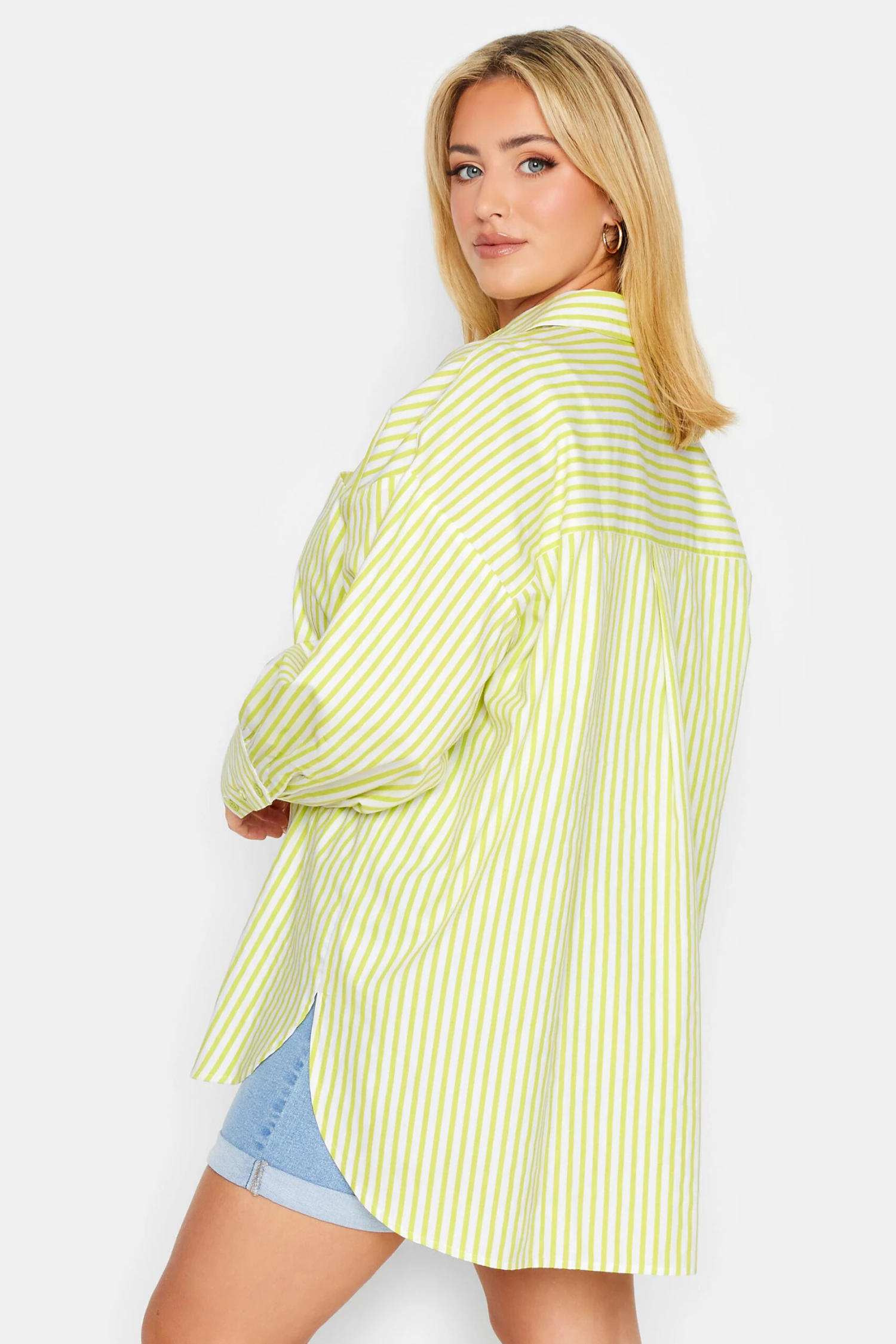 YOURS Curve Lime Green Stripe Poplin Oversized Shirt 2 YOURS Curve Lime Green Stripe Poplin Oversized Shirt - Image 2